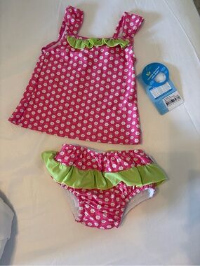 i play. Girls Pink Daisy Tankini with Green Ruffle